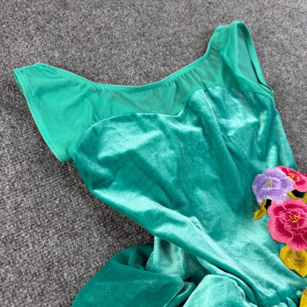 A Wish Come True Dance Costume LC Teal Velvet Floral Tulle Dress Girls Kids